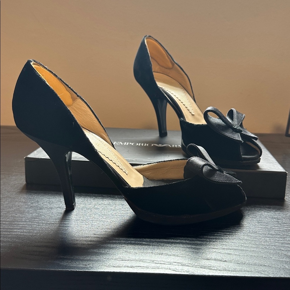 Black Satin Peep-Toe Heels